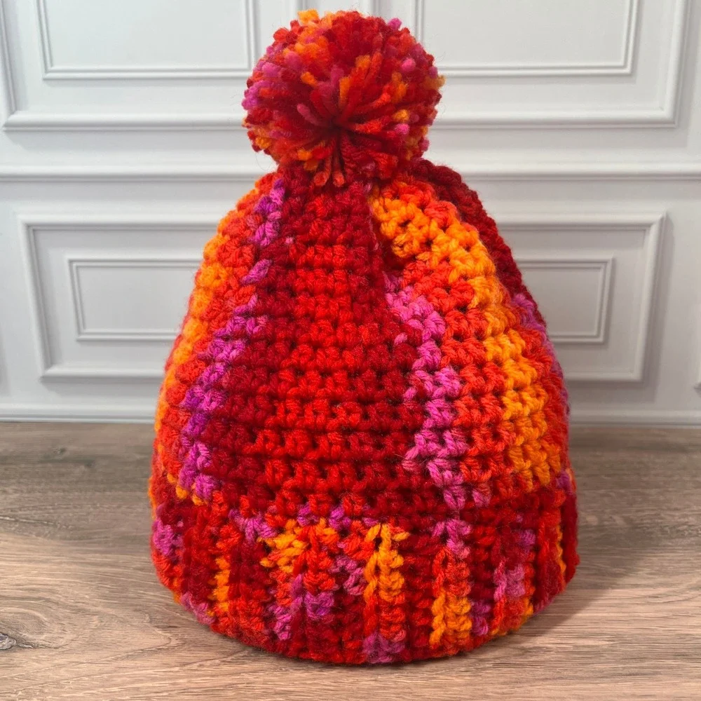 Handmade‎ Crochet Beanie Kids Red Orange Pink Pom Pom Winter Hat